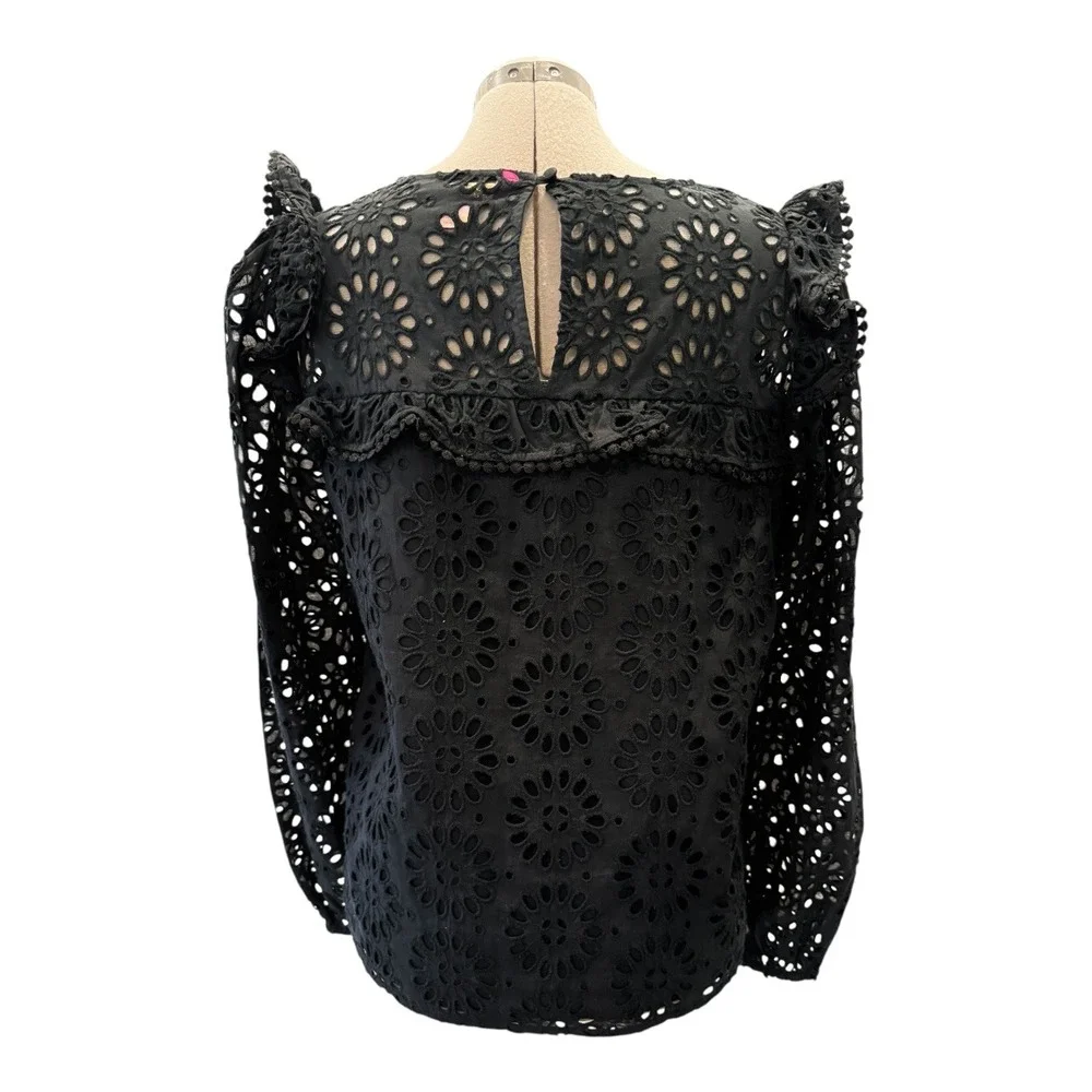 Lilly‎ Pulitzer Caroline Eyelet Ruffle Long Sleeve Blouse In Onyx Top Size Small